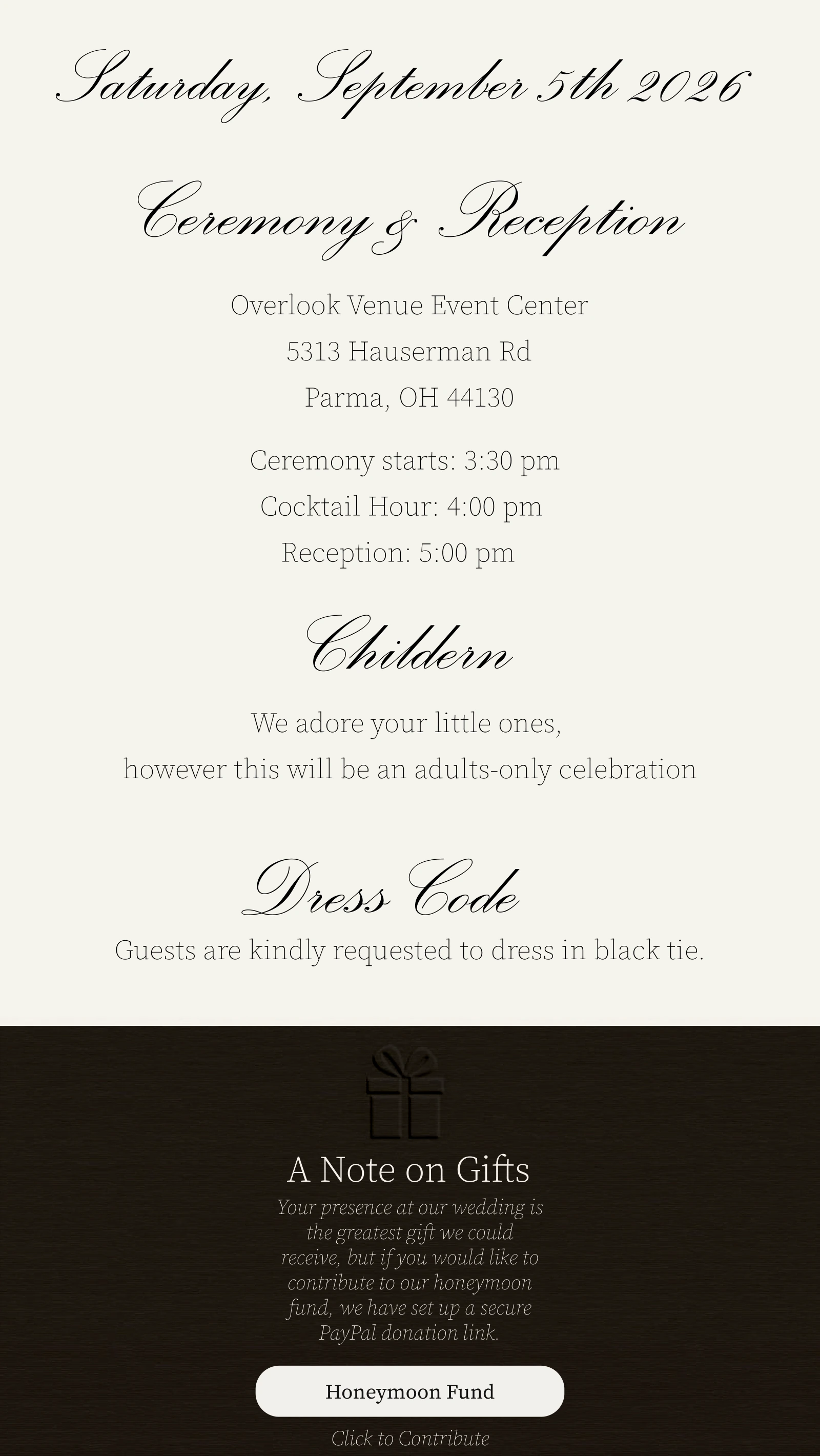 Wedding travel, stay, and gift details.